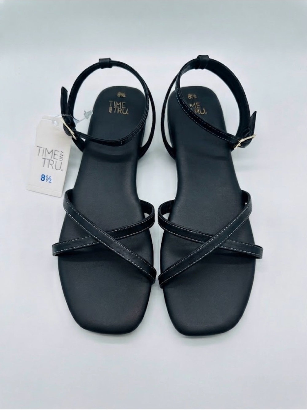Time and Tru Black Strappy Ankle Buckle Sandals